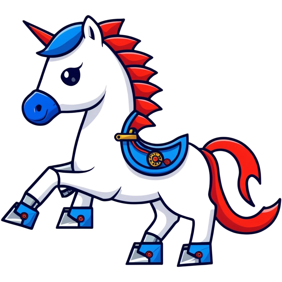 fast electric horse made of electricity, metal plates, bolts, visible blue and red wires, lightning coursing through its body, robotic appearance emoji