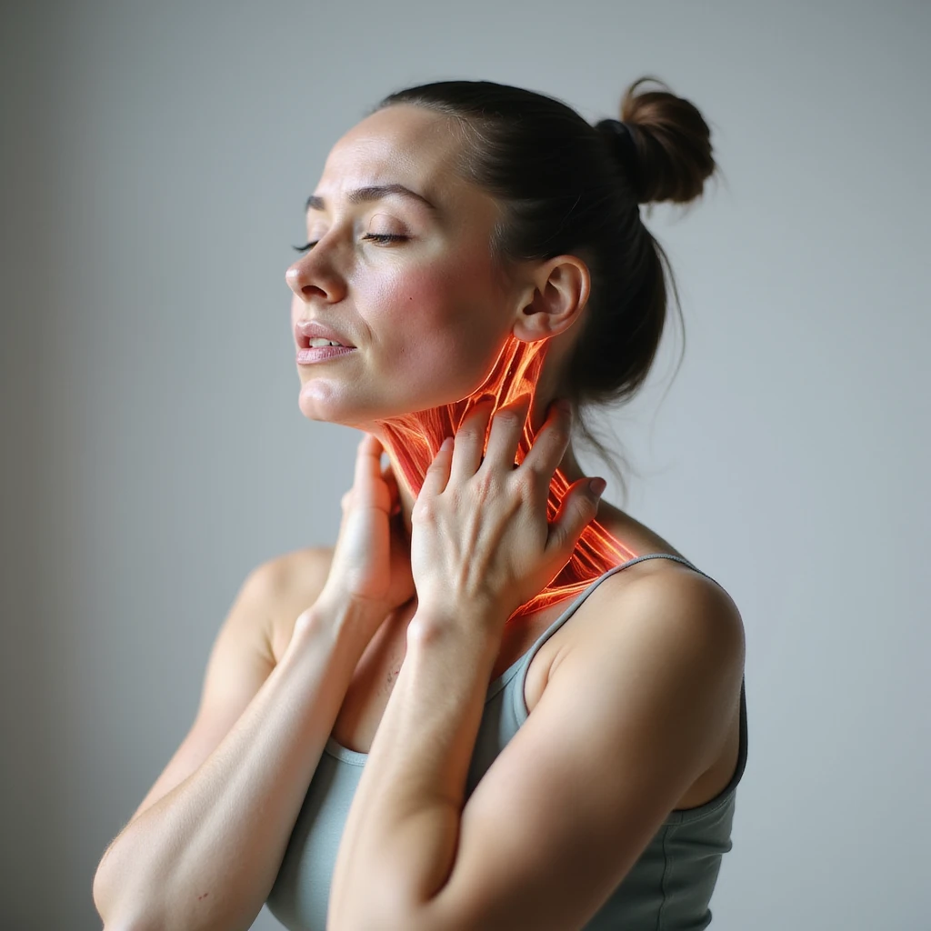 realistic anatomical standing woman with tense neck muscles and cervical contractures, expression of discomfort, neutral background emoji