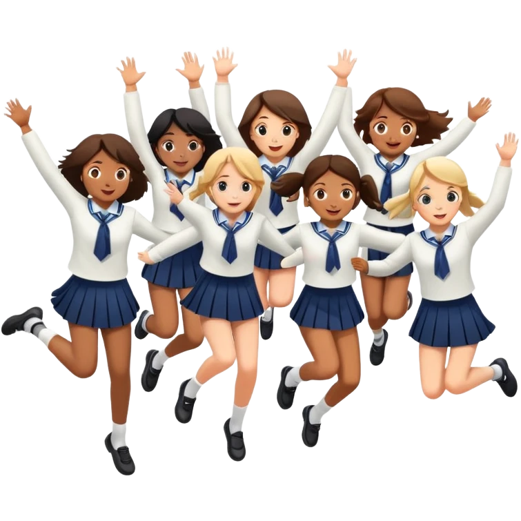 six girls in school uniforms jumping together emoji