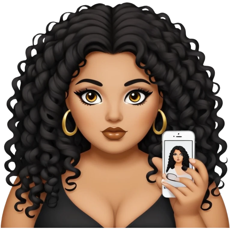 big plus size, darker tan skin, long black curly hair, baddie,pretty, makeup, black eyeliner, long hair emoji