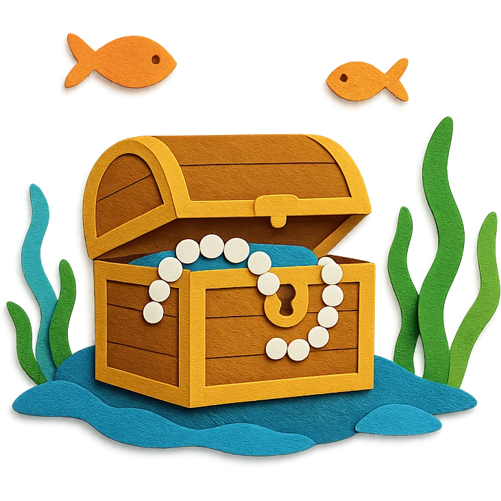 treasure chest underwater with pearls, seaweed, and fish, layered paper effect in paper-craft style emoji