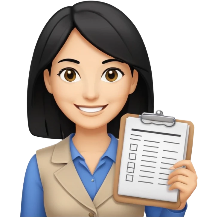 A smiling female middle-aged warehouse manager with black eyes and shoulder length black hair, holding an inventory list，without background emoji