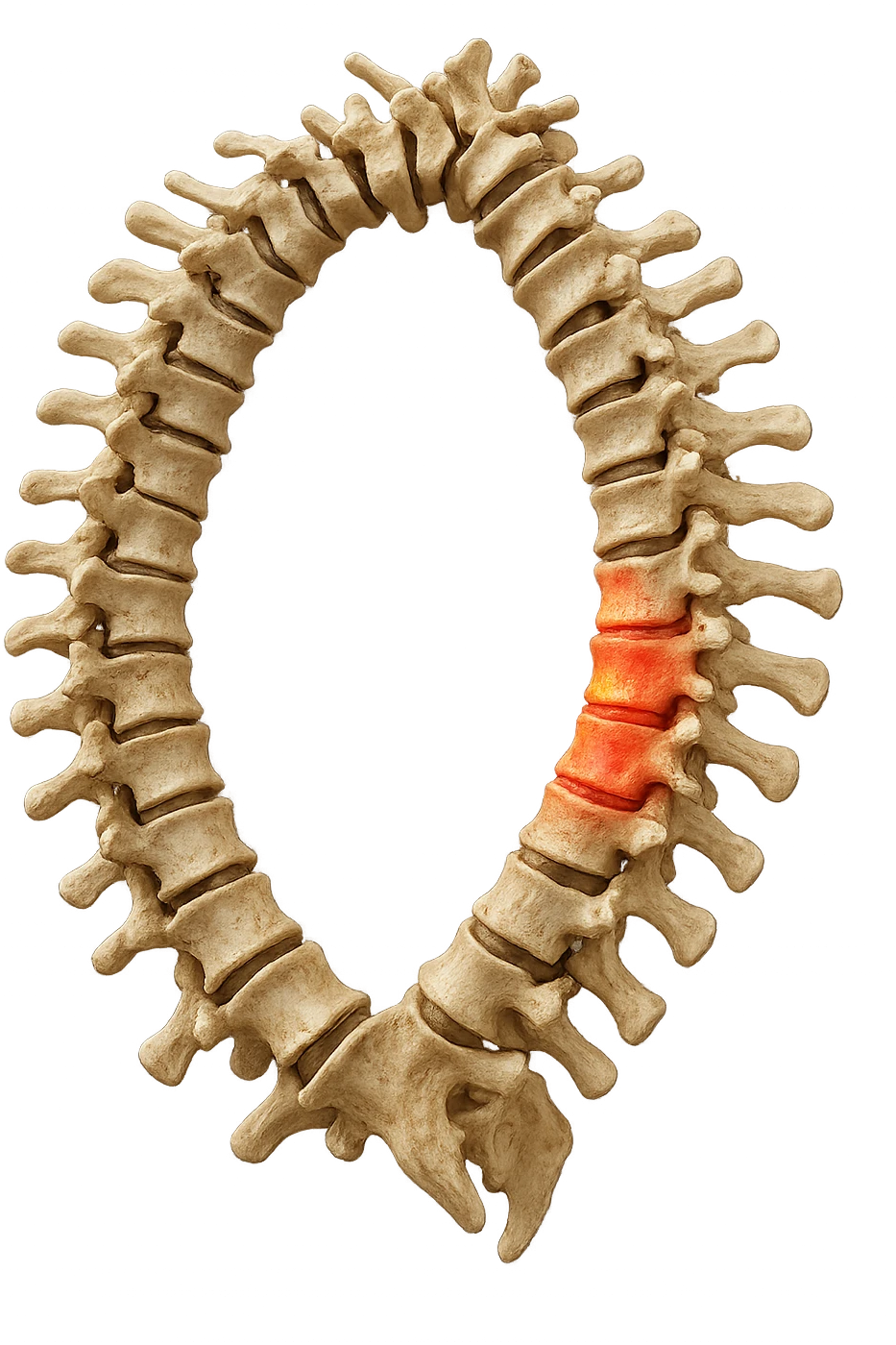 SPINA DORSALE ANATOMICA UMANA REALISTICA infiammata CHIUSA A CERCHIO, iperrealistica 4k, non disegnata emoji
