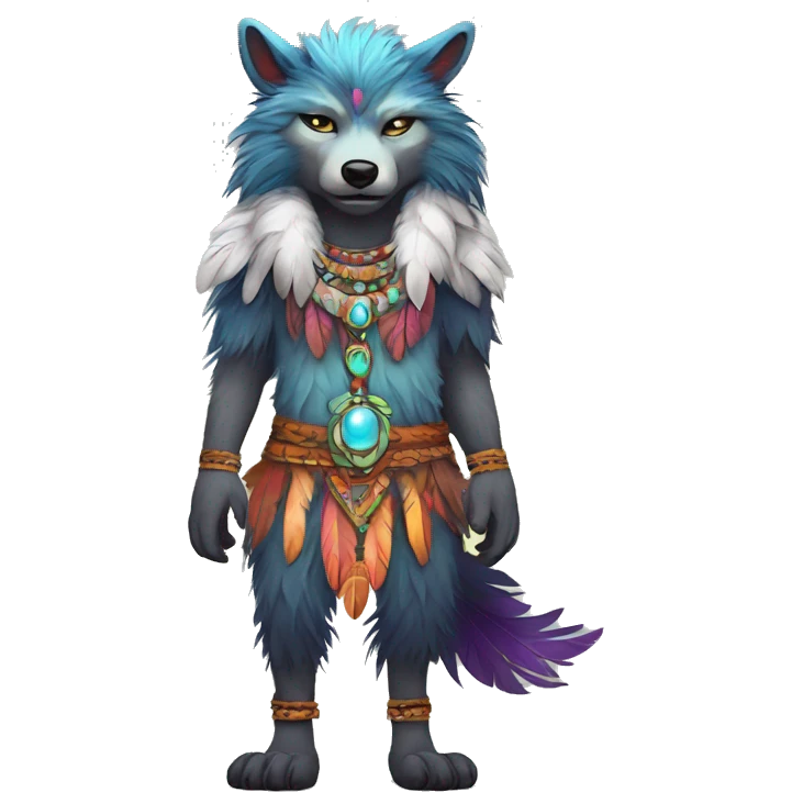 Fluffy Colorful Shy Spiritual Shamanic WereWolf With Shiny Tribal Markings wearing feathers Full Body emoji