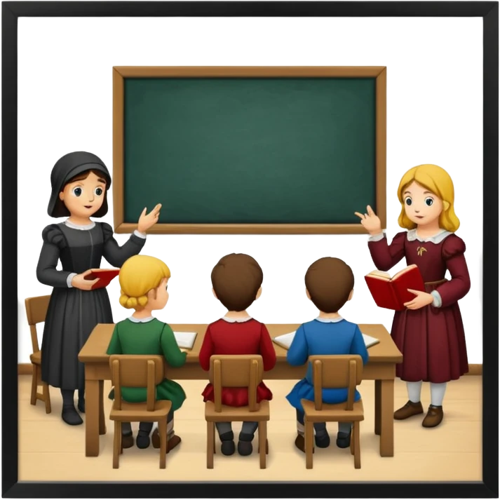 classroom scene from the Renaissance era, showing teaching and learning emoji