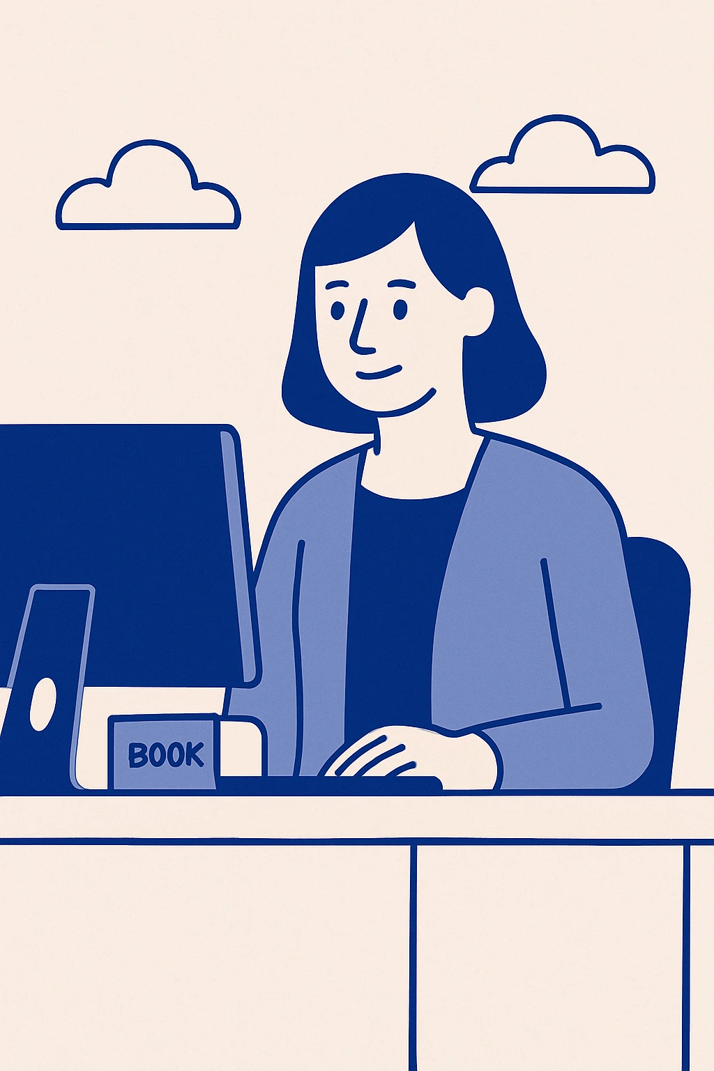 teacher at desk working in front of computer, clean modern illustration emoji