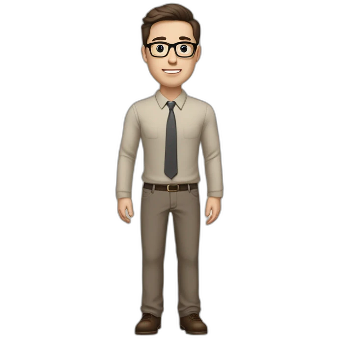Full height Pale skinned fit man with dark brown hair in gray jacket, beige office shirt, brown tie, brown pants and vintage glasses. His right hand stretched out emoji