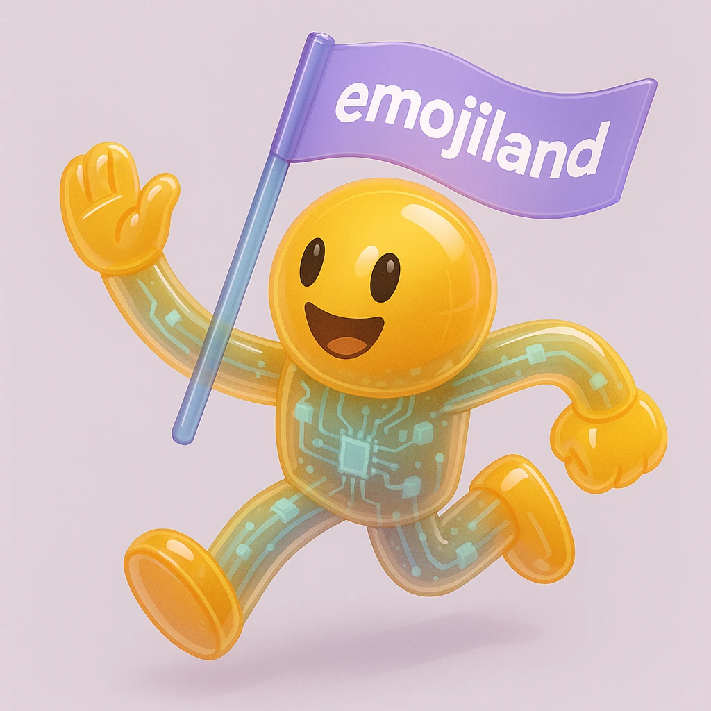 happy runner waving a flag that says 'emojiland' emoji