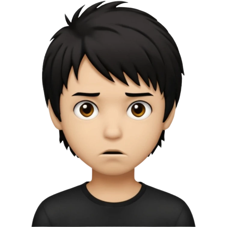 Boy, light brown skin, black hair, short long, emo, shaggy, creepy expression emoji