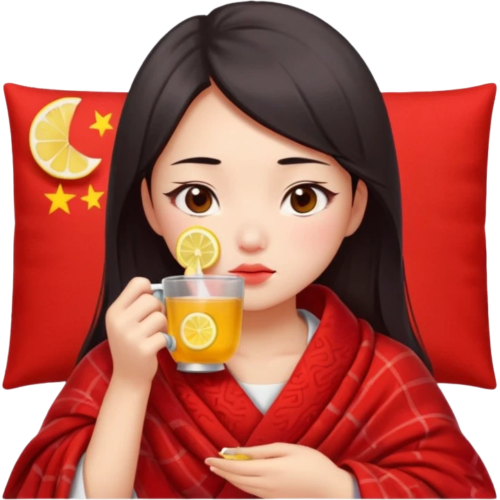 cute and sexy chinese girl, feeling sick up, nose and cheecks red by blush, covered by blanket, drinking tea with lemon emoji