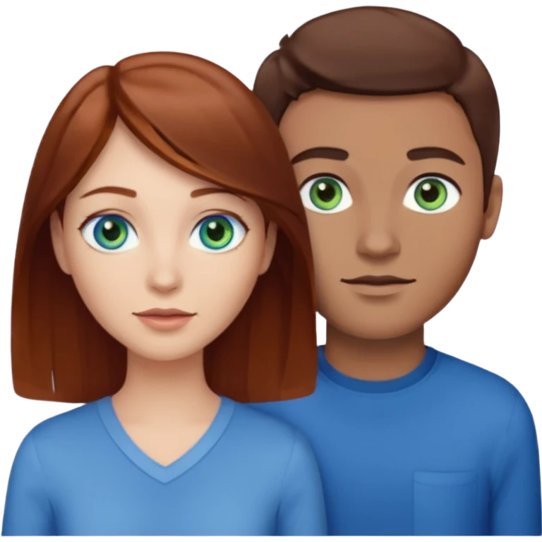 One woman with blue eyes, brown hair, light skin standing next to another woman with darker red brown hair, lighter skin, and green eyes, standing next to a man with no facial hair, blue eyes, and short brown hair emoji