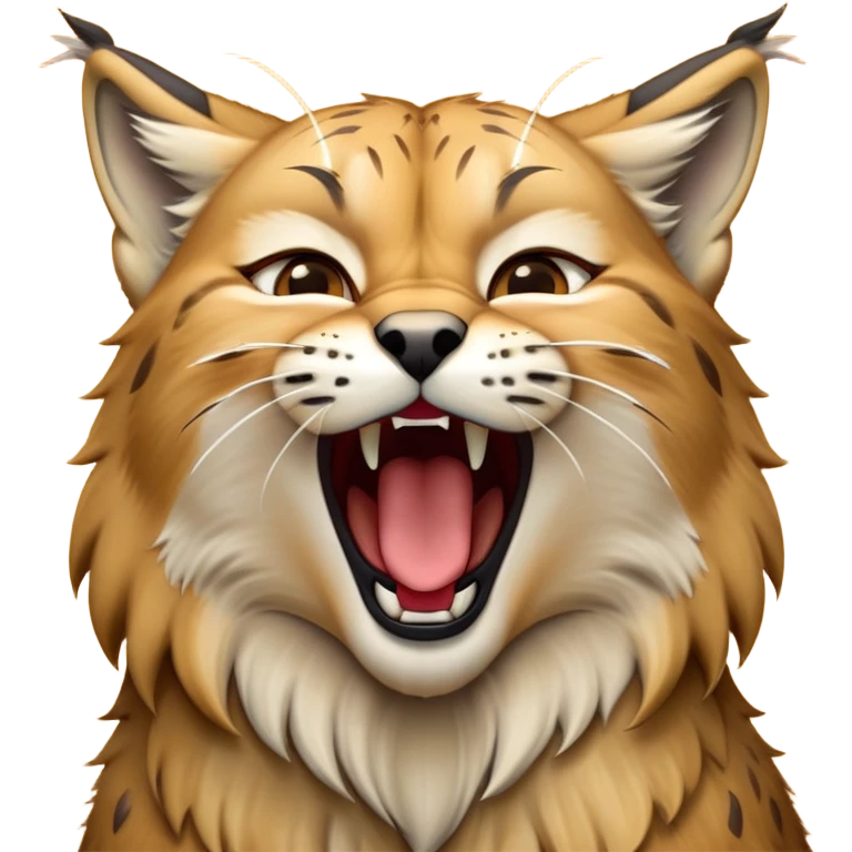 Cinematic-detailed-Yawning-Lynx-Portrait-Emoji – Head tilted slightly with a dramatic, wide-open yawn, revealing a sleek golden-brown fur coat with subtle spots, signature black ear tufts standing tall, round amber eyes barely open in drowsy contentment zoomed out to show the shoulders emoji