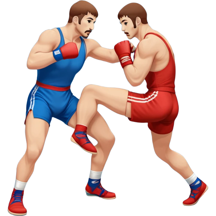 Two Sambo fighters in blue and red gis with shorts and wrestling shoes, executing gripping and throwing techniques. The fighters are engaged in a dynamic, action-packed moment with no strikes. The background features a wrestling mat, focusing on the technique and control. Transparent background  emoji