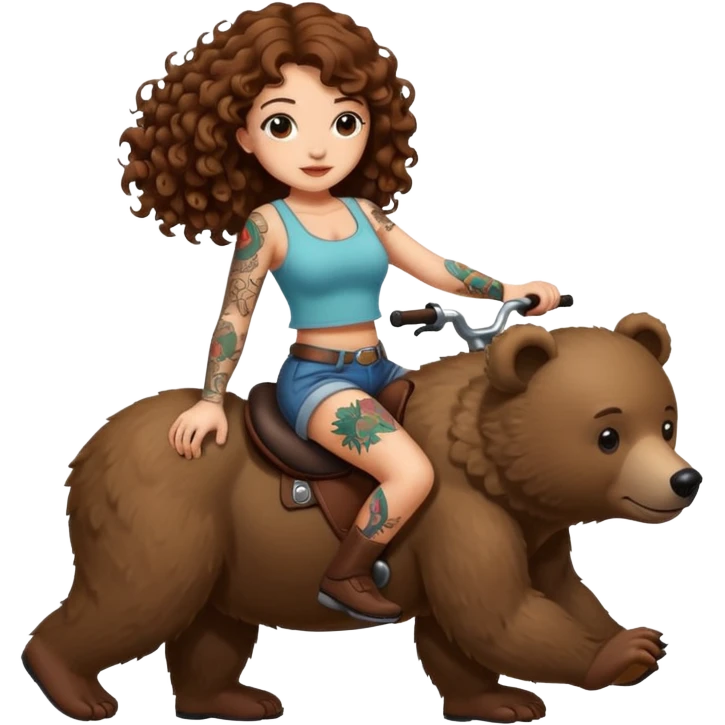 cute woman long curly brown hair tattoos riding bear emoji