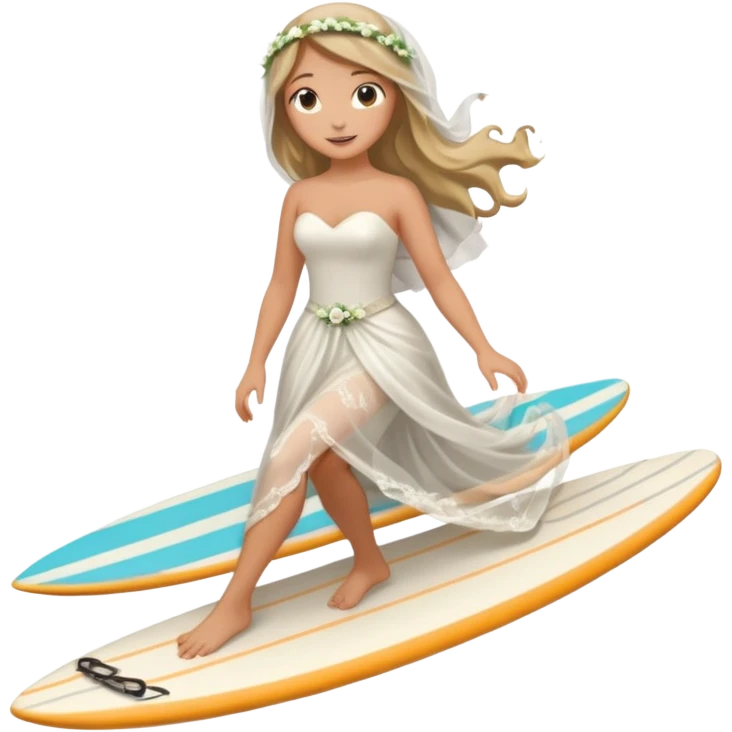 Bride holding her phone and long sholve. Under her feet, there is a surfing board. emoji