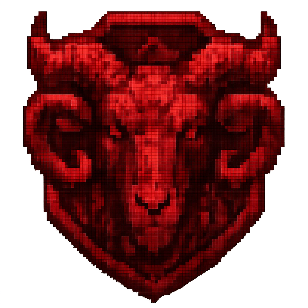 Edit the image to make the badge red and add a ram in pixel art style. Remove the background. The style should be pixel art with pixelated details and colors. emoji