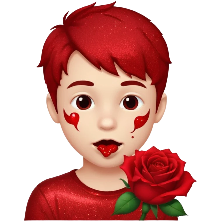 red glitter naughty-looking boy biting a rose in his mouth emoji