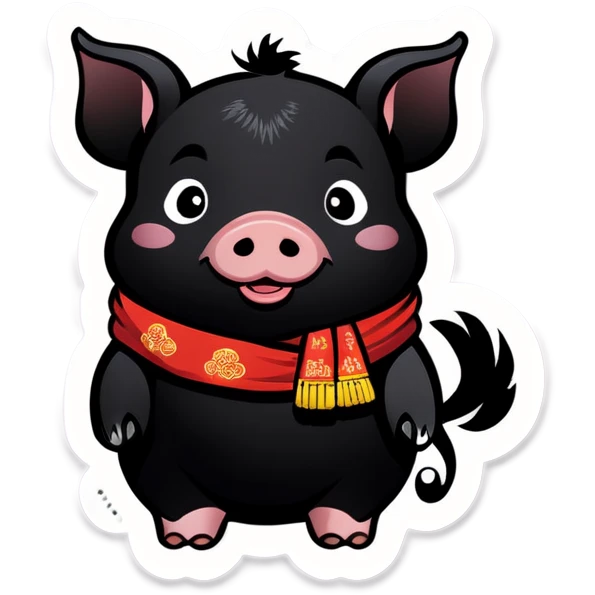 A black piglet wearing korean traditional cloth with "luck” written on cloth. emoji