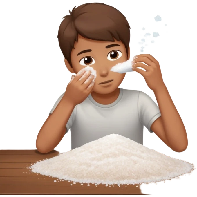 a brown hair boy smelling a pile of salt on a table emoji