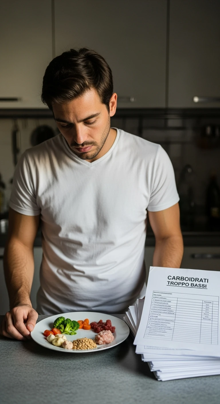 Uomo sui 35 anni in cucina, con espressione affaticata e spenta, guarda un piatto con pochissimi carboidrati (solo qualche verdura e proteine). Accanto a lui, fogli con una dieta rigida e una scritta visibile: 'Carboidrati troppo bassi'. emoji