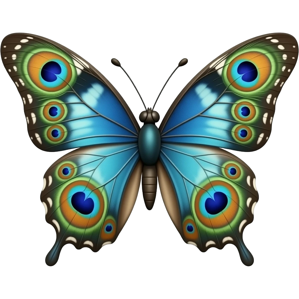 Hyperrealistic ultra detailed, very colorful, isolated 3d rendering, peacock butterfly, 8k resolution. Must have no emoji icons no emoji faces  emoji