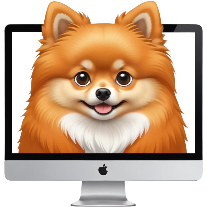 iMac monitor with a Pomeranian dog photo displayed on screen emoji