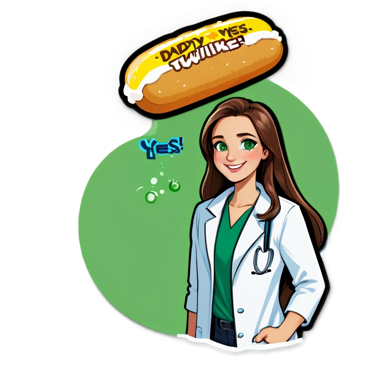 Long brown hair, green eyes, beautiful Scientist with Twinkie cream on her face wearing a lab coat smiling and her T-shirt says daddy yes emoji