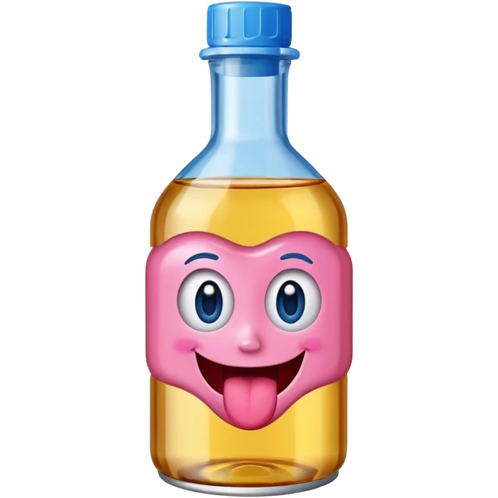 Smiling bottle of oil pink with silly face tongue out blue top emoji