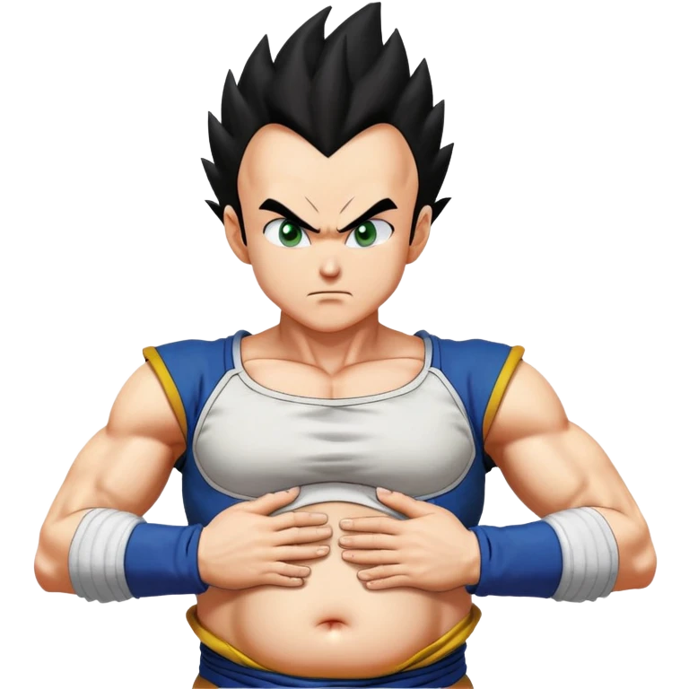Pregnant Vegeta from Dragon Ball Z facing left with hands on his large belly, spiky black hair, serious expression emoji