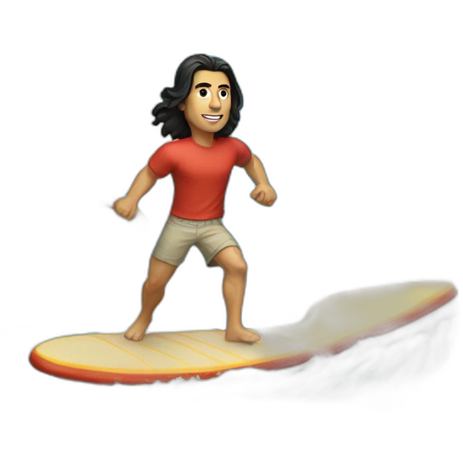 guy with long black hair in short and t-shirt surfing a wave textured like a pizza emoji