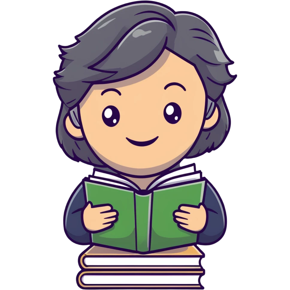 smiling English teacher with airtouch hair and grey-green eyes holding a stack of books and papers emoji