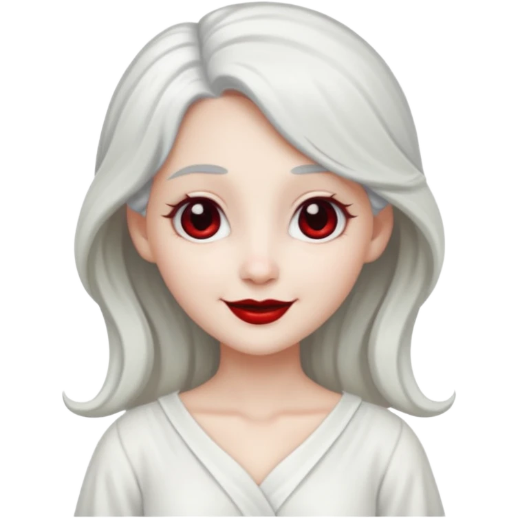 vull un perosnatge estil bimoji que sigui com una nimfa bella i fantasmal amb túniques blanques. Té la pell literalments blanca com el guix, cabell platejat, un nas llarg, ulls negres grans i llavis carmesí. que estigui somrient sense arrecades  emoji