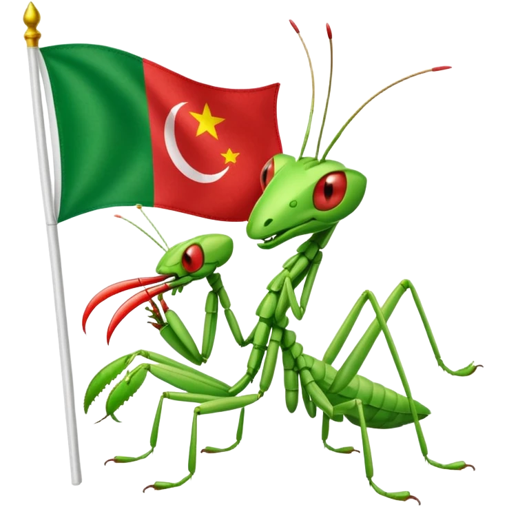 A happy praying mantis holding and a Italian and Myanmar flag  emoji