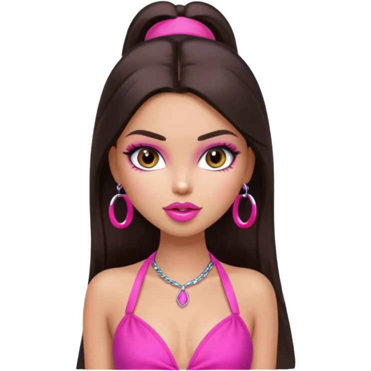 generate a pretty fair bratz girl with dark brown eyes, dark brown hair straight long. Wearing a hot pink halter neck top.  pink lipgloss emoji
