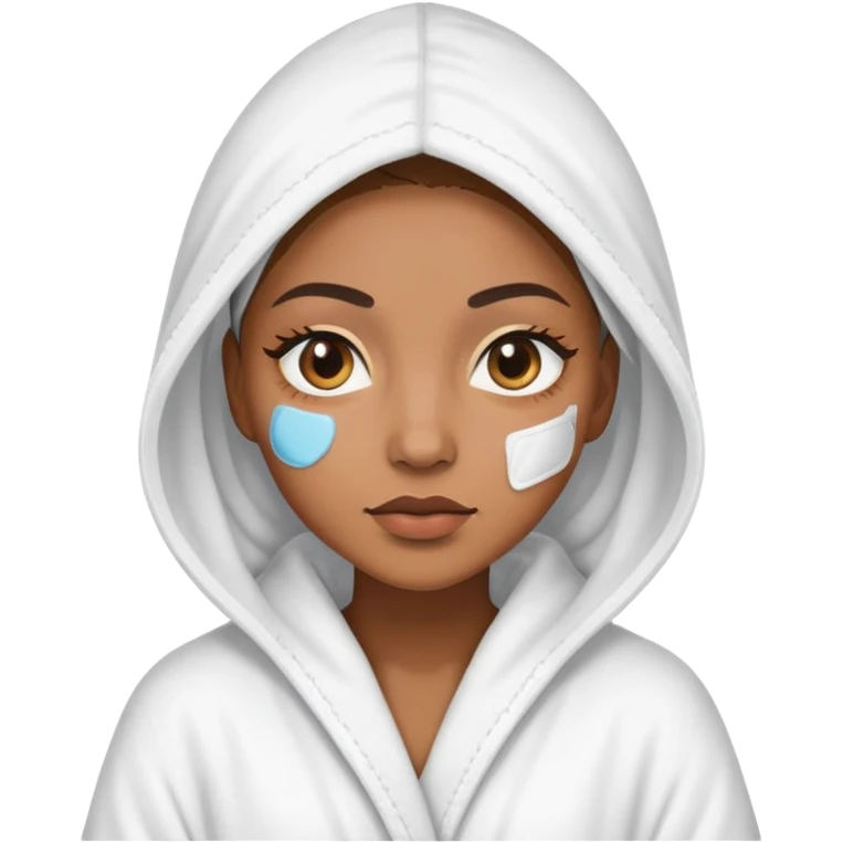 Light brown skin woman wearing hooded bath robe covering her hair and wearing under eye skincare patches emoji