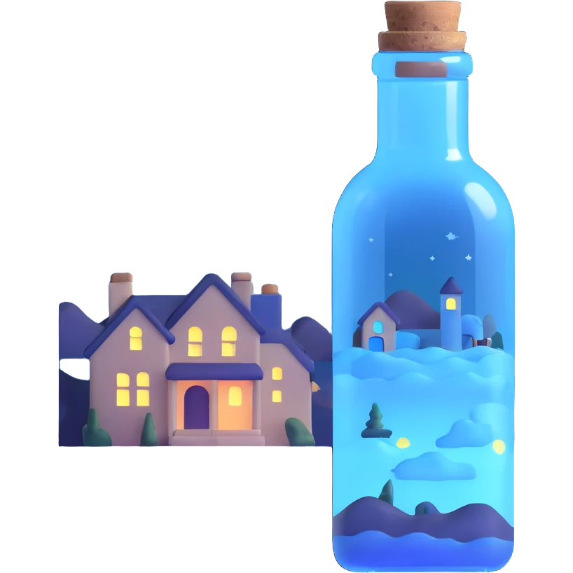 blue ticket inside a bottle, glowing softly, night scene with moonlight emoji
