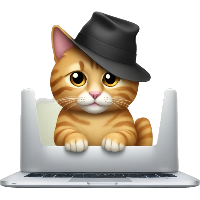 A cat with a hat is sitting and typing on the Laptop emoji