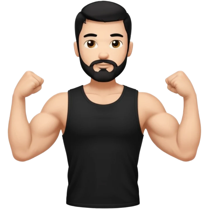 generate an ios genmoji of a fair guy with black wearing a sleevless black tshirt with big biceps and a goatee style beard emoji