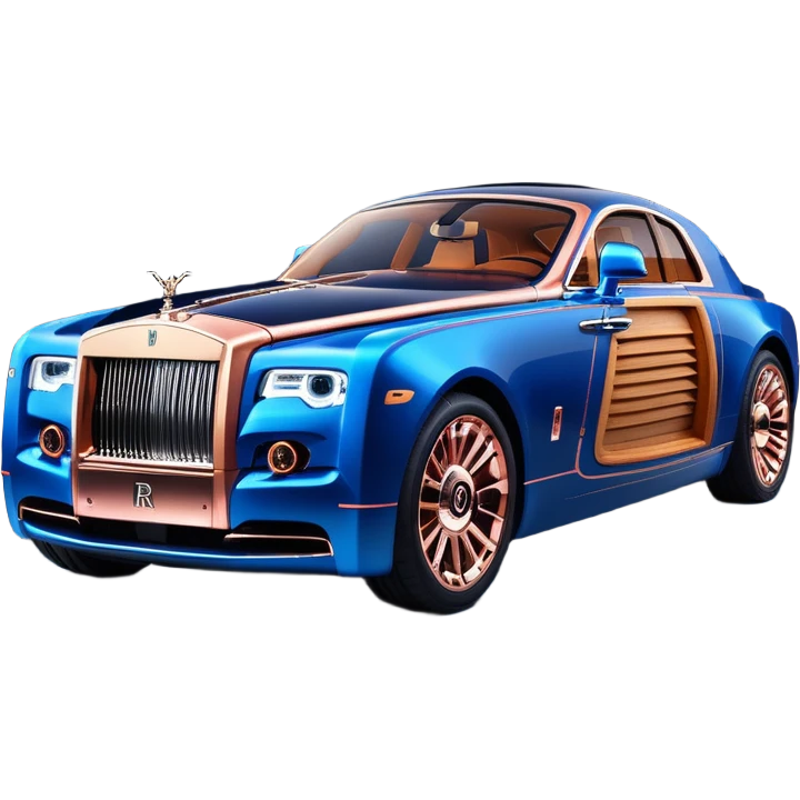 dark blue led lights on a hot rodded delicately inlaid rose gold and wood accentuated sporty 1889 Rolls Royce with futuristic electric spaceship plasma neon glowing motors and dynamos with wide racing wheels that are held strong by advanced suspension and steering emoji