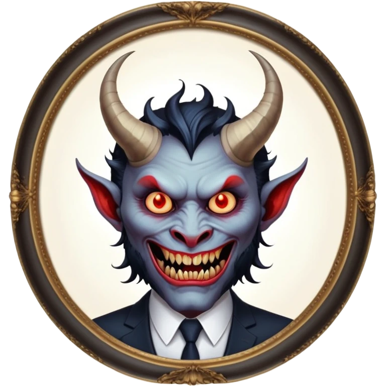 oval oil painting in frame, portrait of a demon in a suit emoji