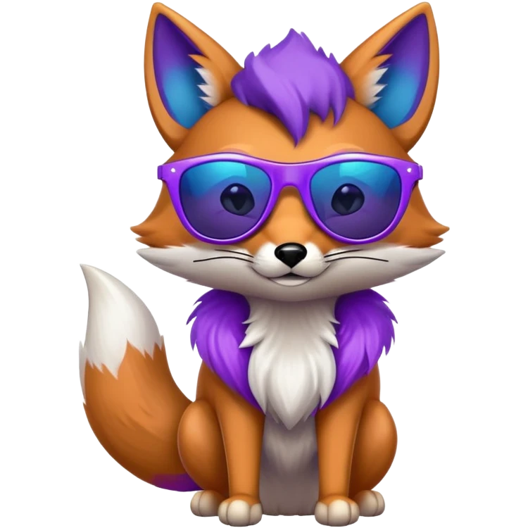 A cool fox with purple-blue fur, a glowing tail, a silver star on its forehead, and stylish sunglasses, looking confident emoji