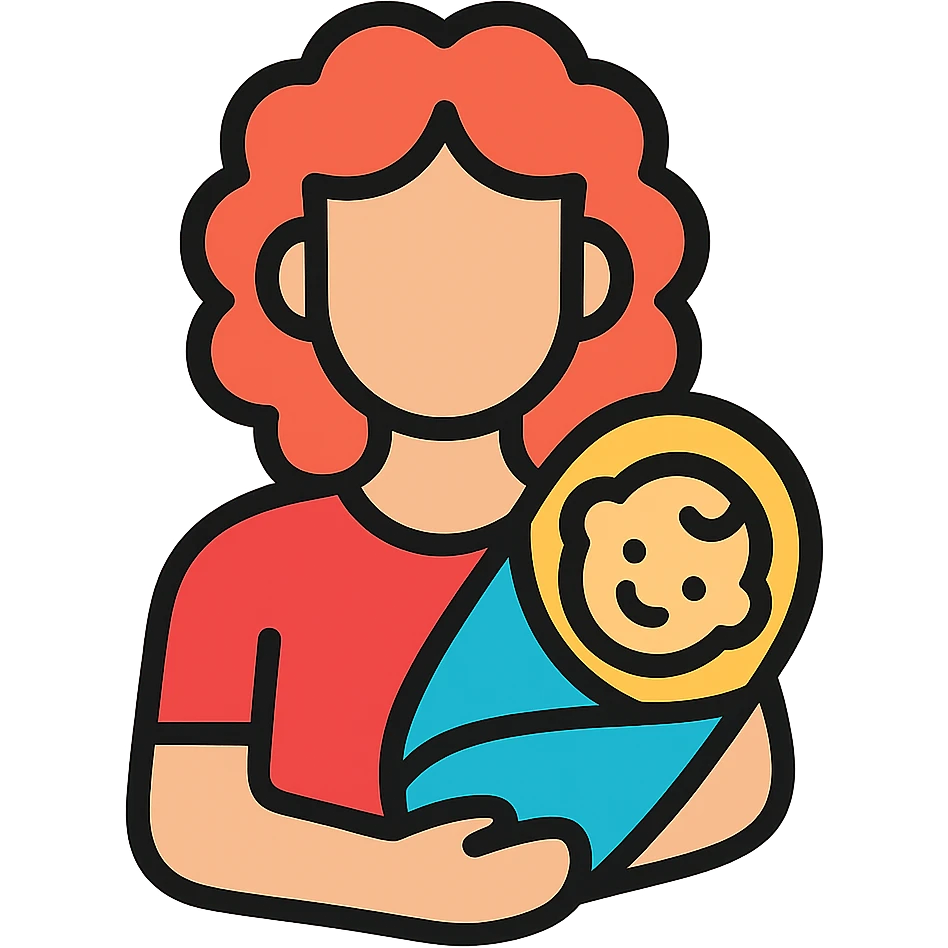 woman with curly red hair holding a baby, modern flat color icon style emoji