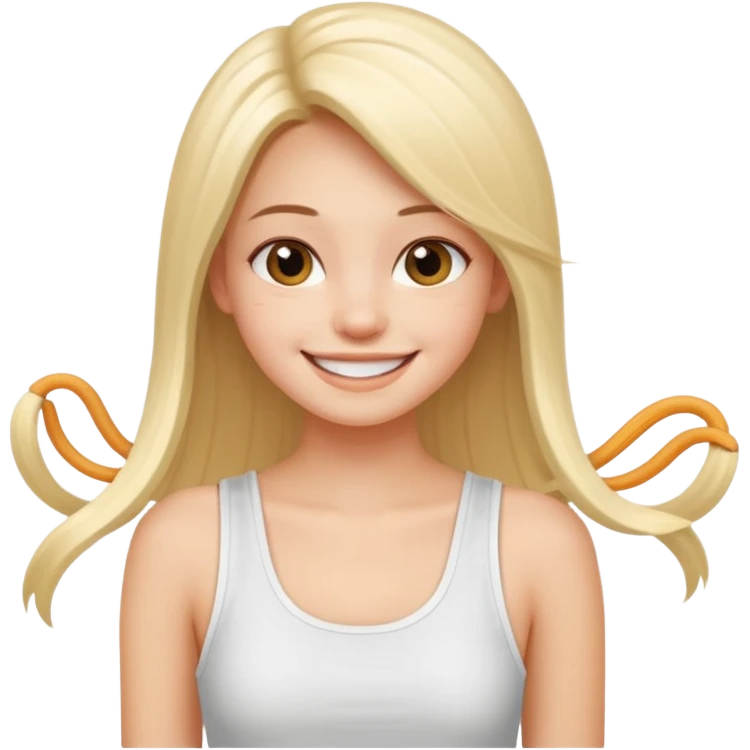 a pretty bratz fair girl with straight long hair, wearing a white noodle strap tank top, smiling emoji