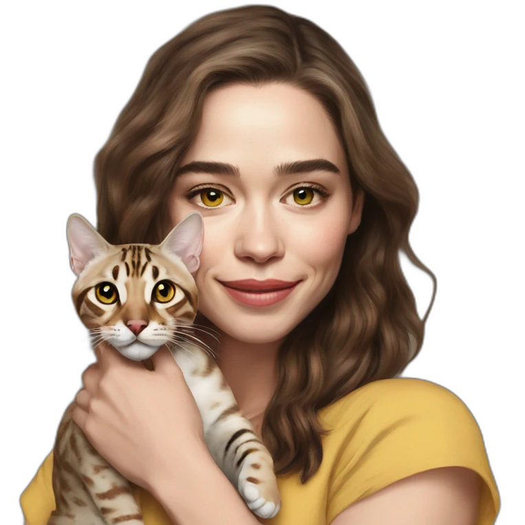 Emilia Clarke holds a Bengal cat with yellow eyes emoji
