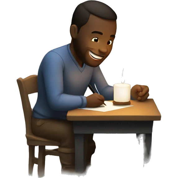 a white man writing a letter and being happy. with a candle in the darkness. emoji