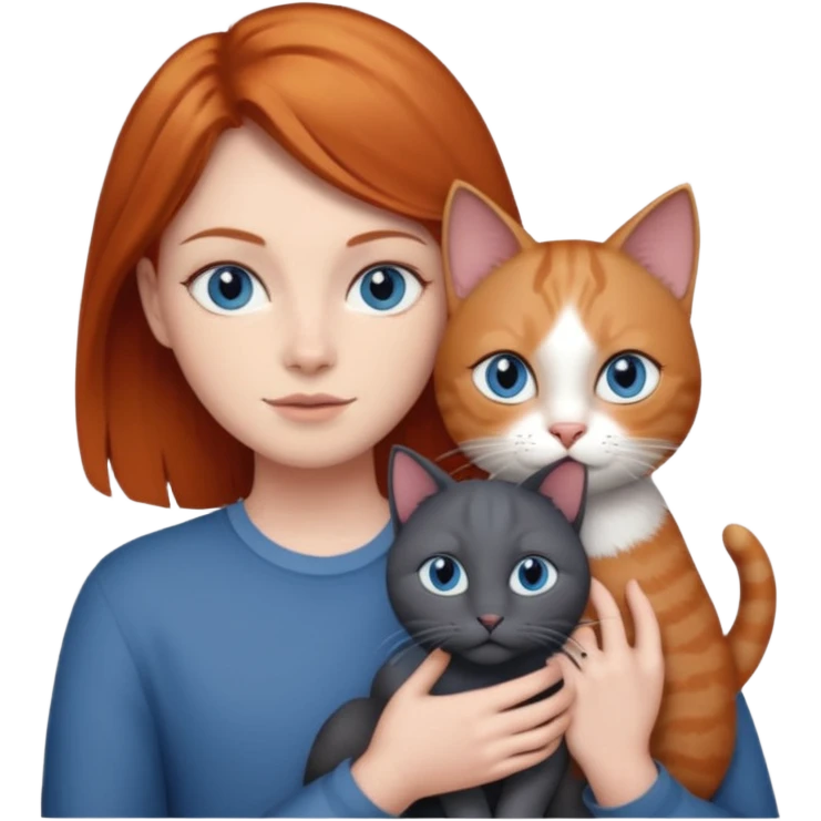 A ginger with blue eyes holding a very large dark grey cat. emoji