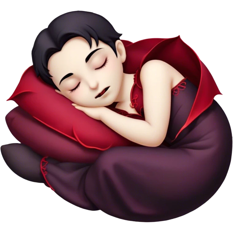 Meme-Worthy Cute Sleeping Vampire Portrait Emoji, with a refined, small, pale face softened by closed, serene eyes and a slight, peaceful smile, adorned in miniature elegant dark attire with a hint of fading crimson, simplified yet irresistibly adorable, highly detailed with a soft ethereal outline that captures the drowsy charm of a vampire in quiet nighttime slumber! emoji