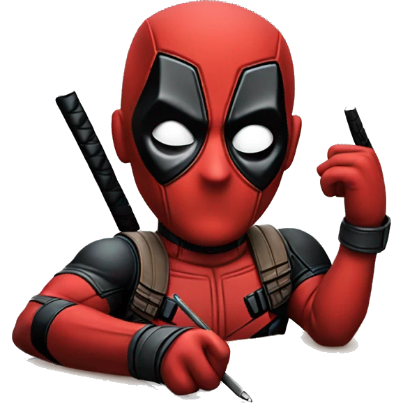 Cute Deadpool sitting at a desk, front view emoji