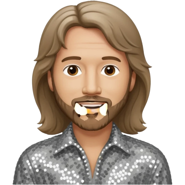 Barry Gibb from Bee Gees with light grey sequin outfit, long brown hair emoji