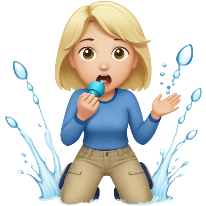 round-faced blond woman kneeling, shocked, playful cartoon stick with D-shaped knob and exaggerated features coming from trousers in front of her face, water jet into her mouth emoji